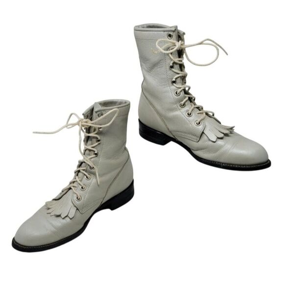 Justin Shoes - Vtg Roper Kiltie Boots USA Leather Western Combat Boots Lace Up Sz 5.5 Gray
